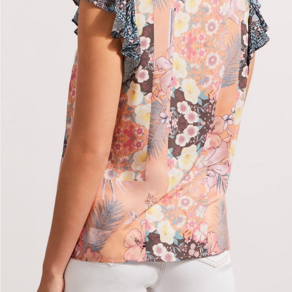 Peach Floral Patchwork Blouse with Ruffle Sleeves - Picture 2 of 5